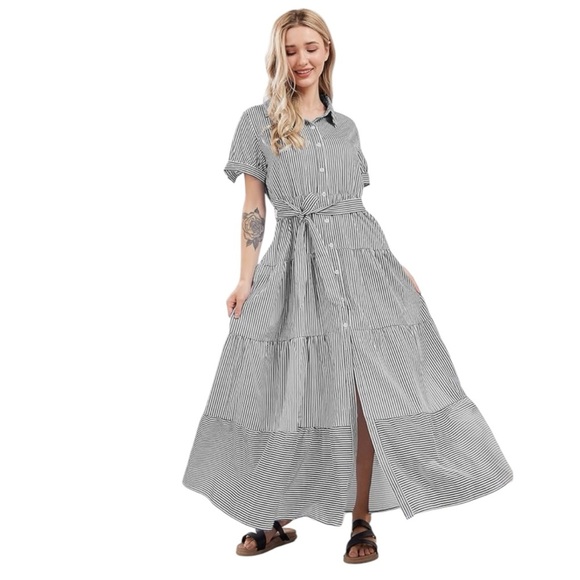 UTCOCO NWT Black Striped Maxi Dress with Belt Size Medium—ordered wrong size - Picture 2 of 5